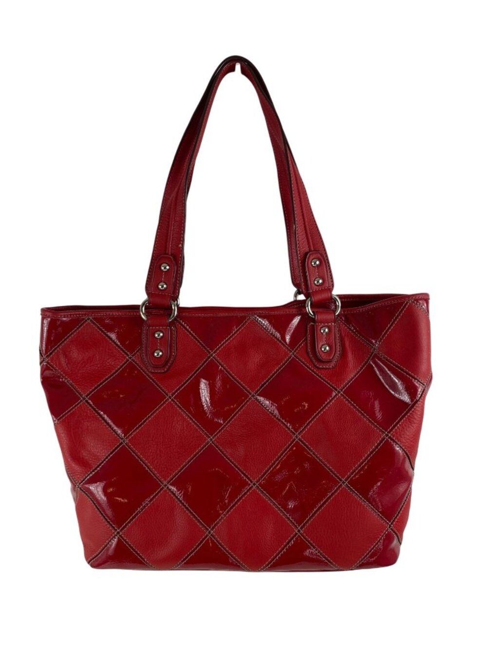 Tignanello Red Glossy Quilted Tote Bag With Dual Handles